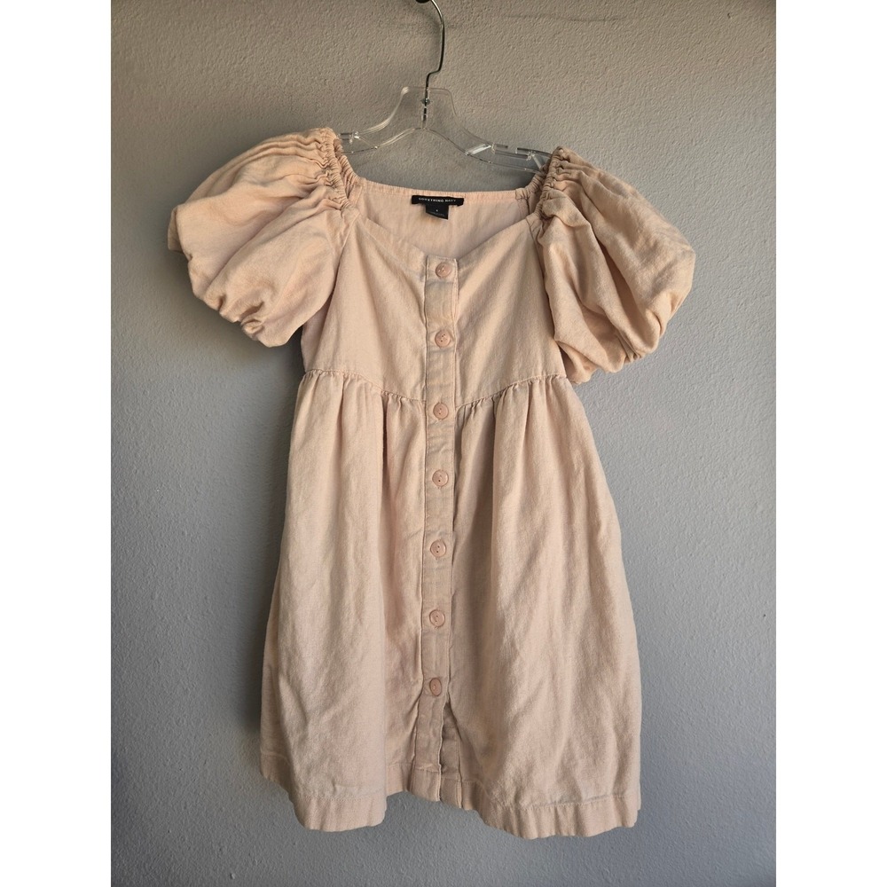 Something Navy Linen Blend Puff Sleeve Button Front Cottagecore Dress 5‎